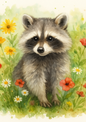 Wall Art Poster / Greeting Card / Sticker Sheet – Raccoon In Flowers Full Cat. No. 4717