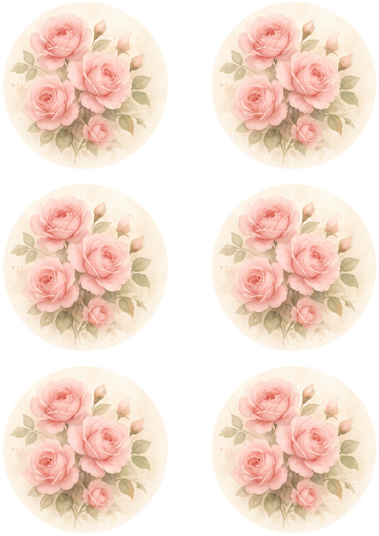Sticker Sheet – Pink Roses Shabby Chic In Circles Collage Cat. No. 4752