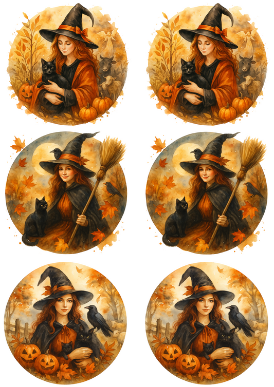 Sticker Sheet – Witch With Black Cat In Circles Collage Cat. No. 4756