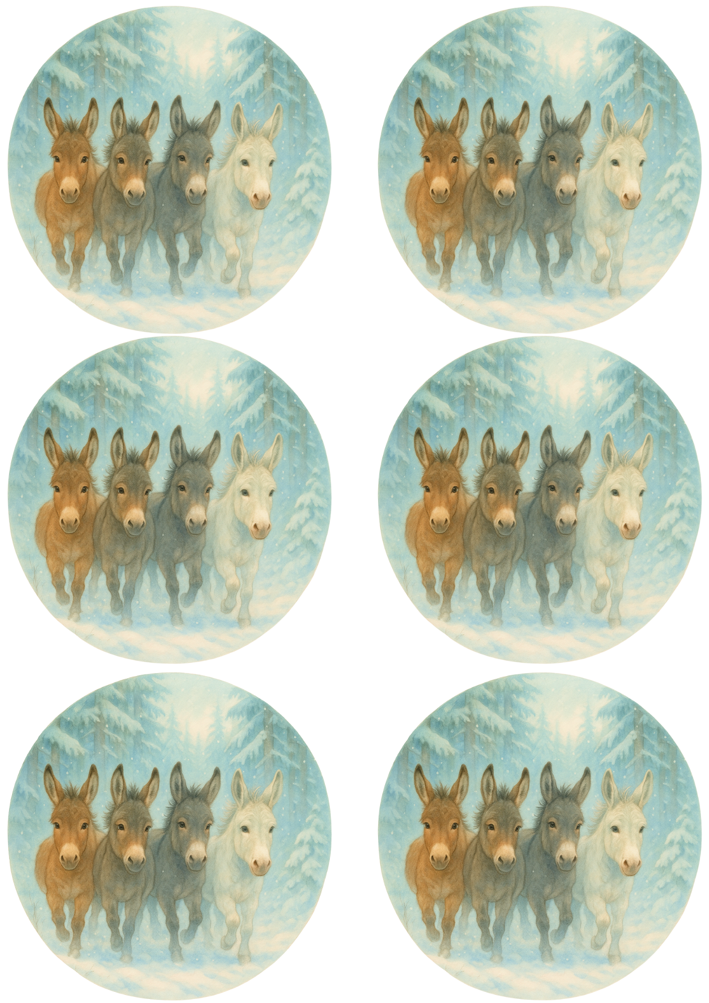 Sticker Sheet – Running Donkeys In Winter In Circles Collage Cat. No. 4762