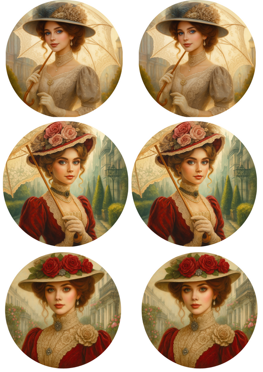 Sticker Sheet – Rice Paper Decoupage Victorian Woman in Circles Collage Cat. No. 4771