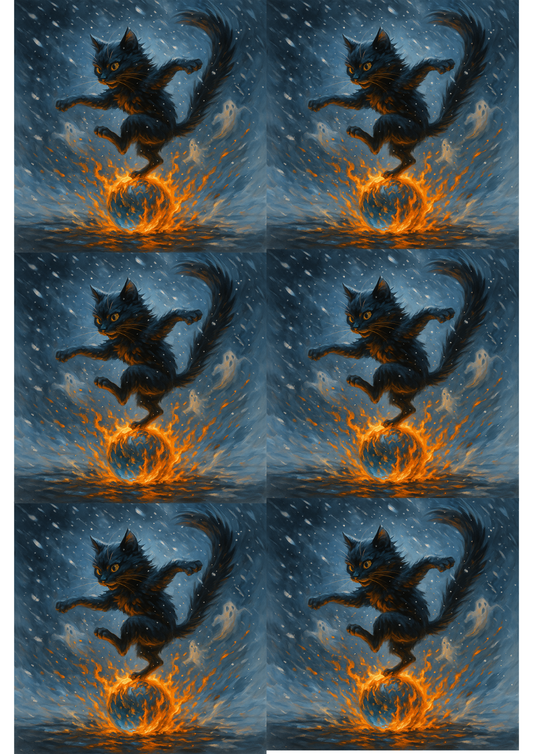 Sticker Sheet – Rice Paper Decoupage Dancing Cat On Burning Water Ball In Snowstorm Collage Cat. No. 4805