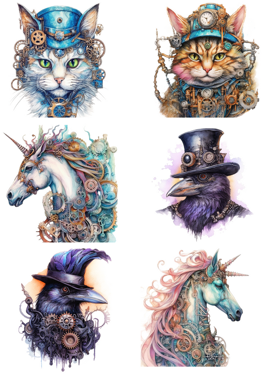 Sticker Sheet – Steampunk Cat, Raven, Unicorn Collage Cat. No. 4824
