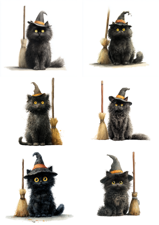 Sticker Sheet – Black Cat Witch With Broom Collage Cat. No. 4851
