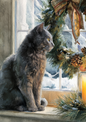 Wall Art Poster / Greeting Card / Sticker Sheet – Christmas Cat On The Windowsill Full Cat. No. 4901