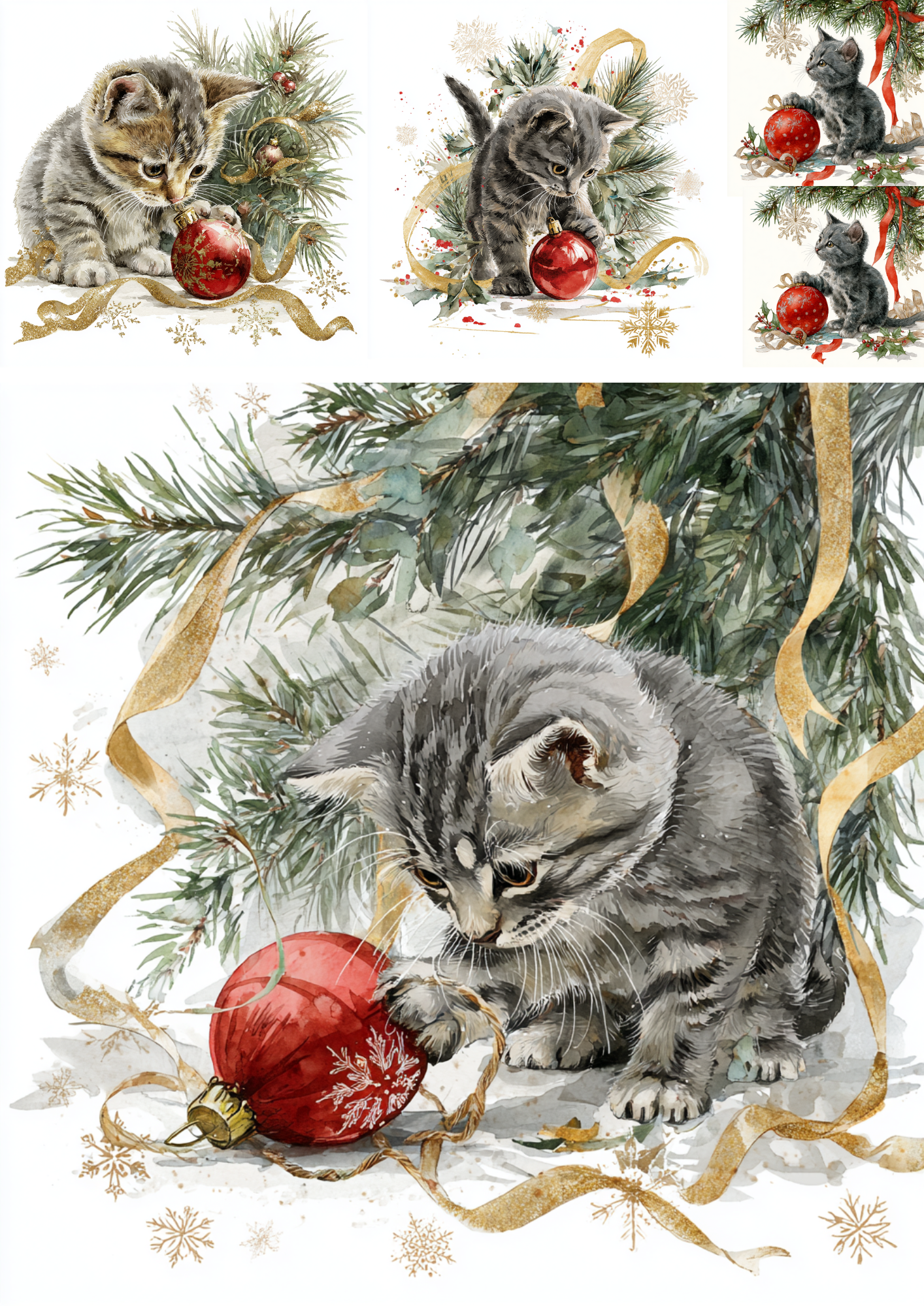 Sticker Sheet – Rice Paper Decoupage Christmas Cat Playing with a Christmas Tree Bauble Cat. No. 4904