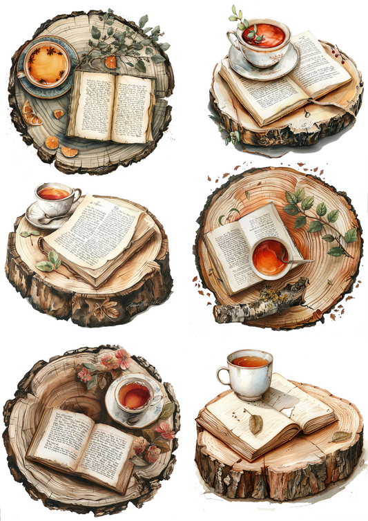 Sticker Sheet Cup of Tea on a Tree Trunk and Book Collage Cat. No. 4905