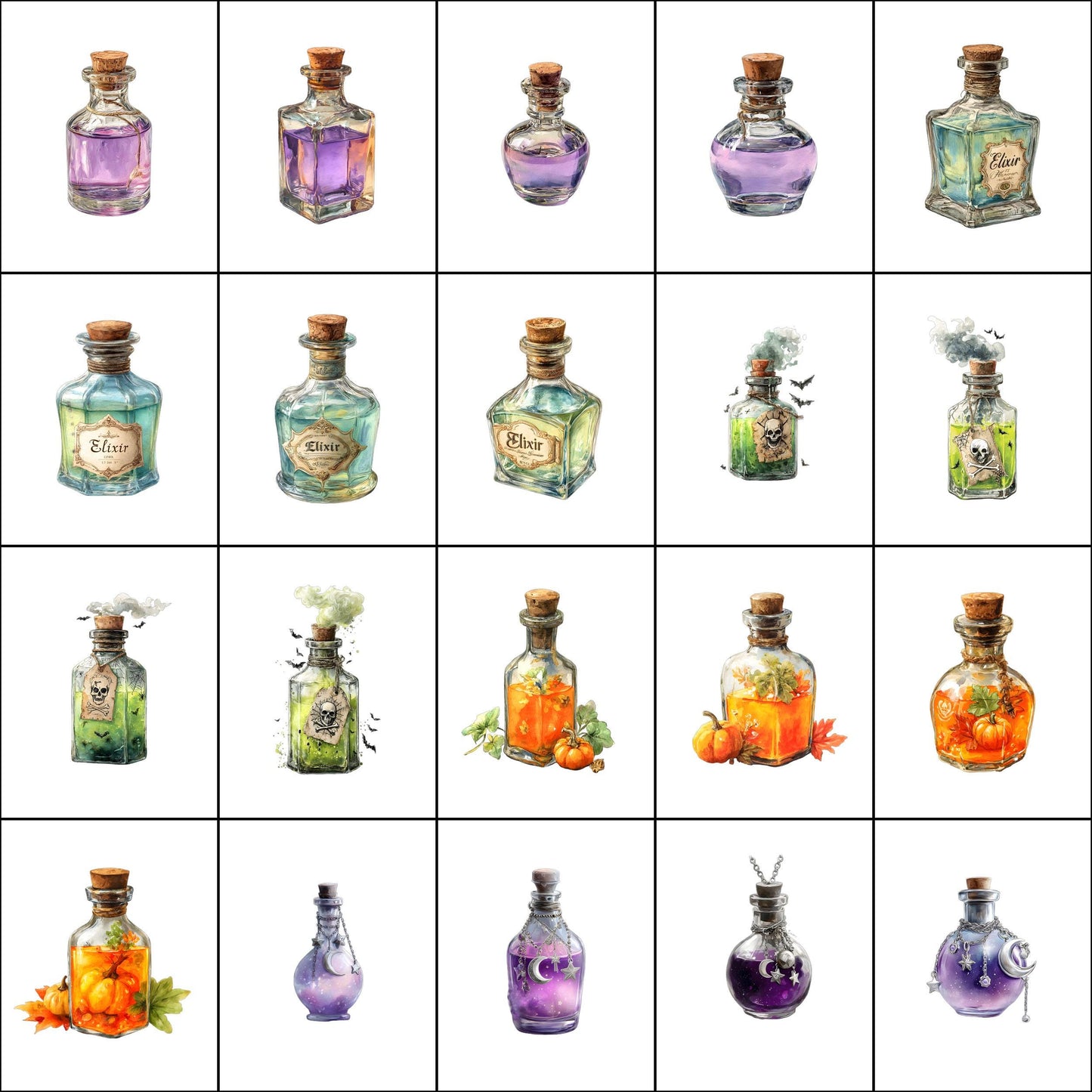 Watercolor Potion Bottles Clipart Set: Halloween Magic, 20 PNG (Instant Download)