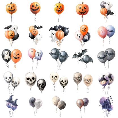 Watercolor Halloween Balloons Clipart: 25 PNG Spooky Party Decorations (Digital Download)