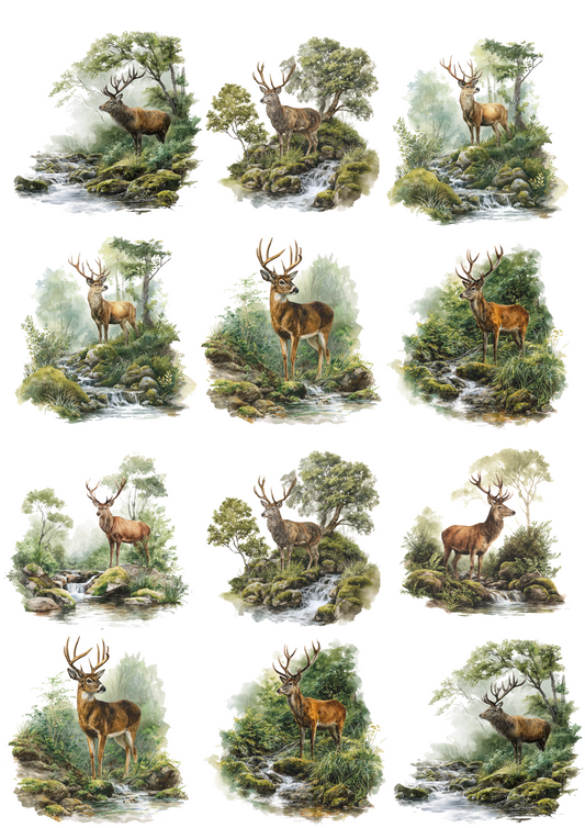 Sticker Sheet – Rice Paper Decoupage Deer by the Stream Collage Cat. No. 5021