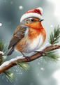 Wall Art Poster / Greeting Card / Sticker Sheet – Red Robin In Christmas Hat Full Cat. No. 5081