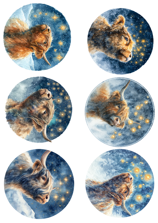 Sticker Sheet Highland Cow In Circles Collage Cat. No. 5152