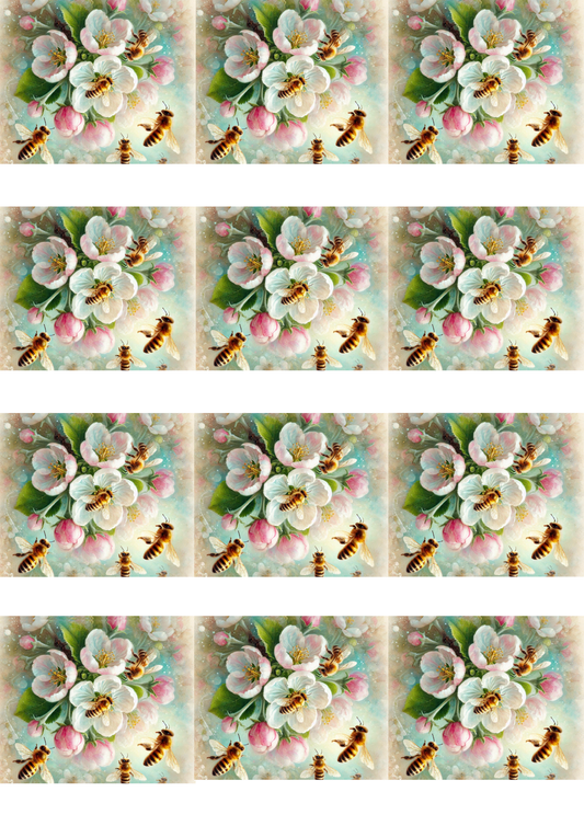 Sticker Sheet - Bees On A Blooming Apple Tree 4 Collage Cat No. 5170