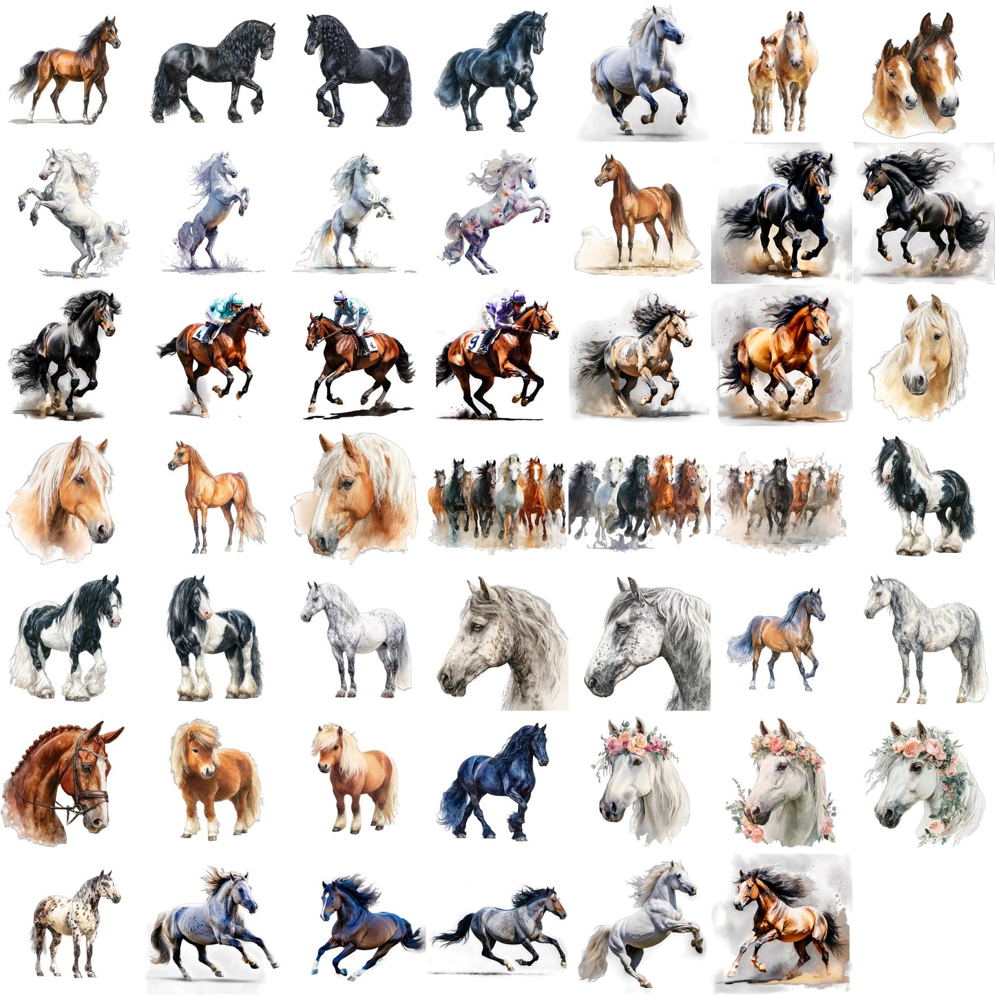 Watercolor Horses Clipart Set: 48 PNG Designs with Transparent Background
