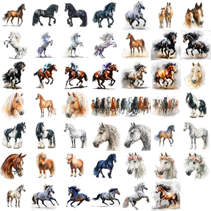 Watercolor Horses Clipart Set: 48 PNG Designs with Transparent Background
