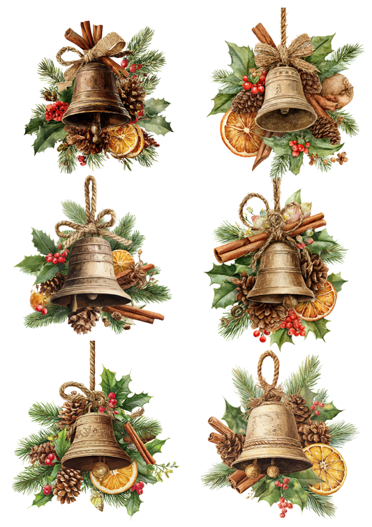Sticker Sheet / Greeting Card – Rustic Christmas Bells Collage Cat. No. 5203