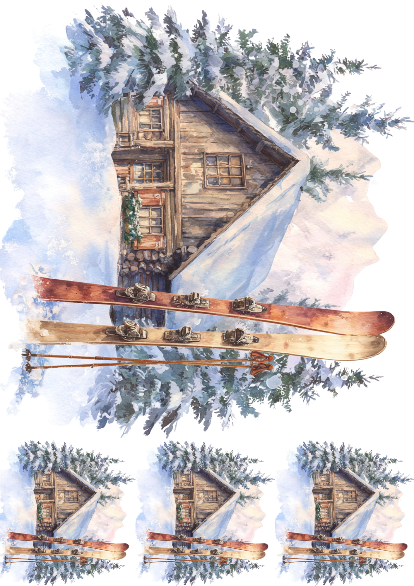 Sticker Sheet / Greeting Card – Skis And Highlander's Cottage Collage Cat. No. 5208