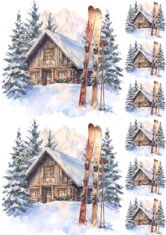 Sticker Sheet / Greeting Card – Skis And Highlander's Cottage Collage Cat. No. 5209