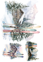 Wall Art Poster / Greeting Card / Sticker Sheet – Skis And Highlander's Cottage Collage Cat. No. 5210