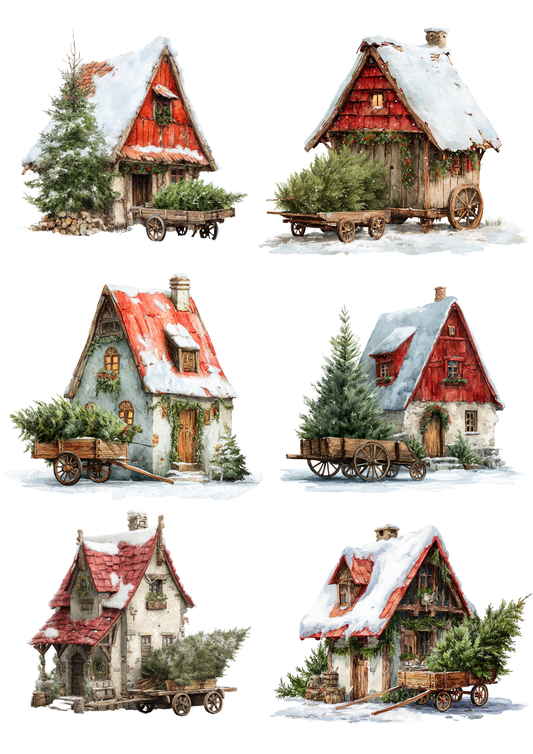 Sticker Sheet / Greeting Card – Christmas Tree Wagon and Cottage Collage Cat. No. 5215