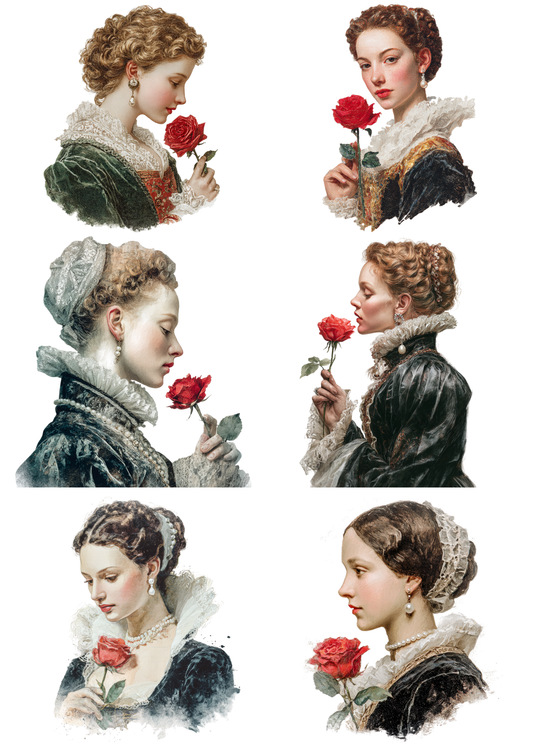 Sticker Sheet / Greeting Card – Victorian Woman with Rose Collage Cat. No. 5217