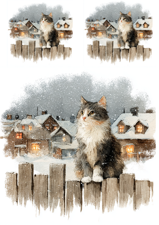 Sticker Sheet / Greeting Card – Cat On A Fence In Winter Collage Cat. No. 5228