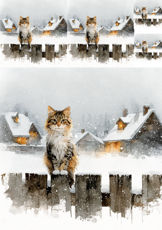 Sticker Sheet / Greeting Card – Cat On A Fence In Winter Collage Cat. No. 5229