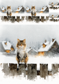 Wall Art Poster / Greeting Card / Sticker Sheet – Cat On A Fence In Winter Collage Cat. No. 5229