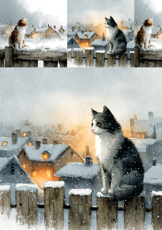 Sticker Sheet / Greeting Card – Cat On A Fence In Winter Collage Cat. No. 5230