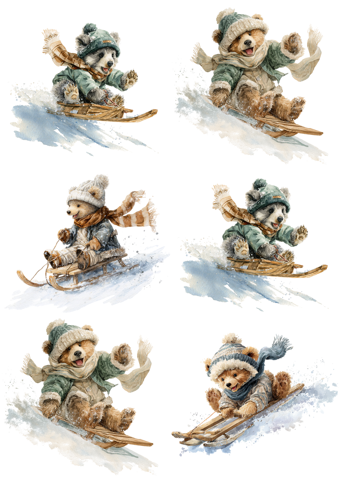 Sticker Sheet / Greeting Card – Teddy Bear Sledding Down the Hill Collage Cat. No. 5244