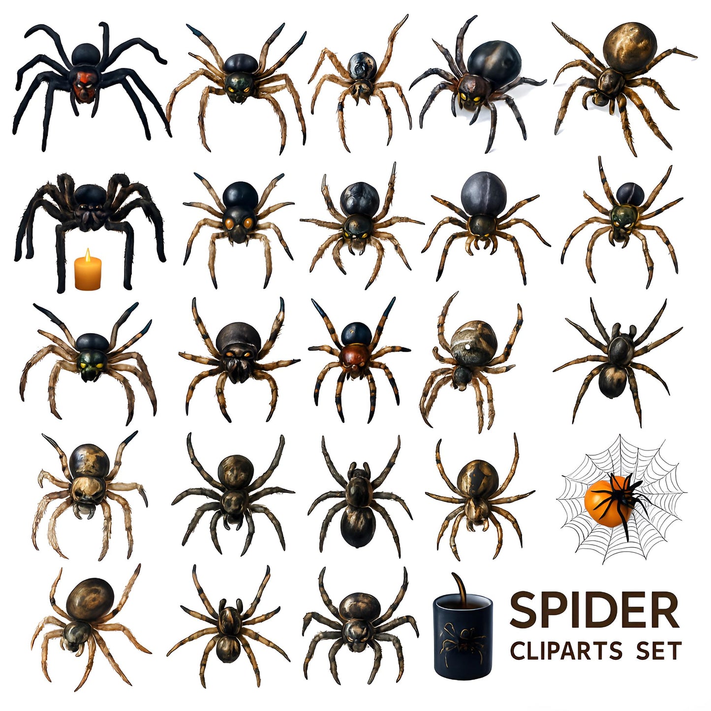 Spooky Halloween Spider Clipart – 24 PNG – Creepy Cute – Transparent Background – High Resolution 300 DPI