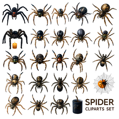 Spooky Halloween Spider Clipart – 24 PNG – Creepy Cute – Transparent Background – High Resolution 300 DPI