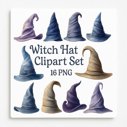 Witch Hat Clipart Set – 16 PNG – Halloween Hats – Transparent Background – Watercolor Style – High Resolution