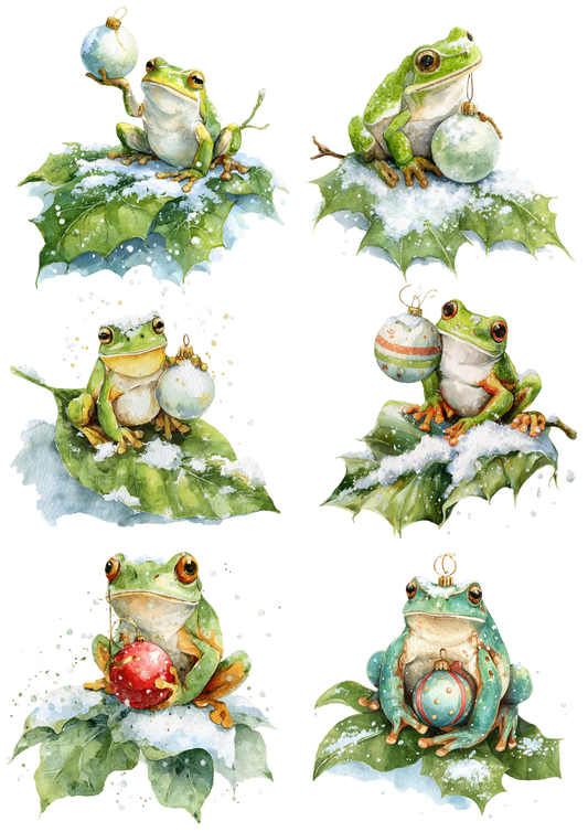 Sticker Sheet / Greeting Card – Green Frog With Christmas Tree Bauble Collage Cat. No. 5362
