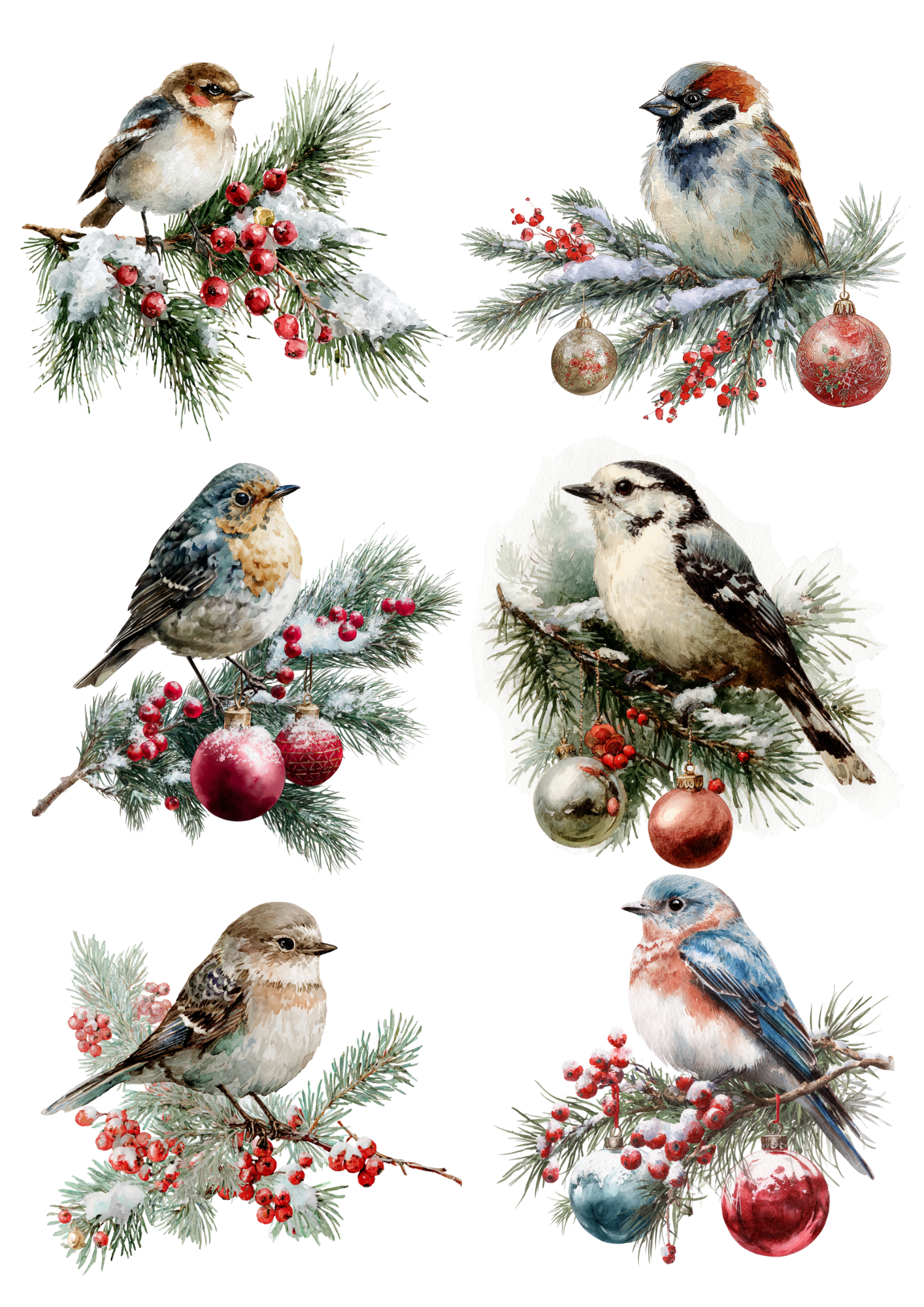 Sticker Sheet / Greeting Card – Birds With Christmas Tree Bauble Collage Cat. No. 5363