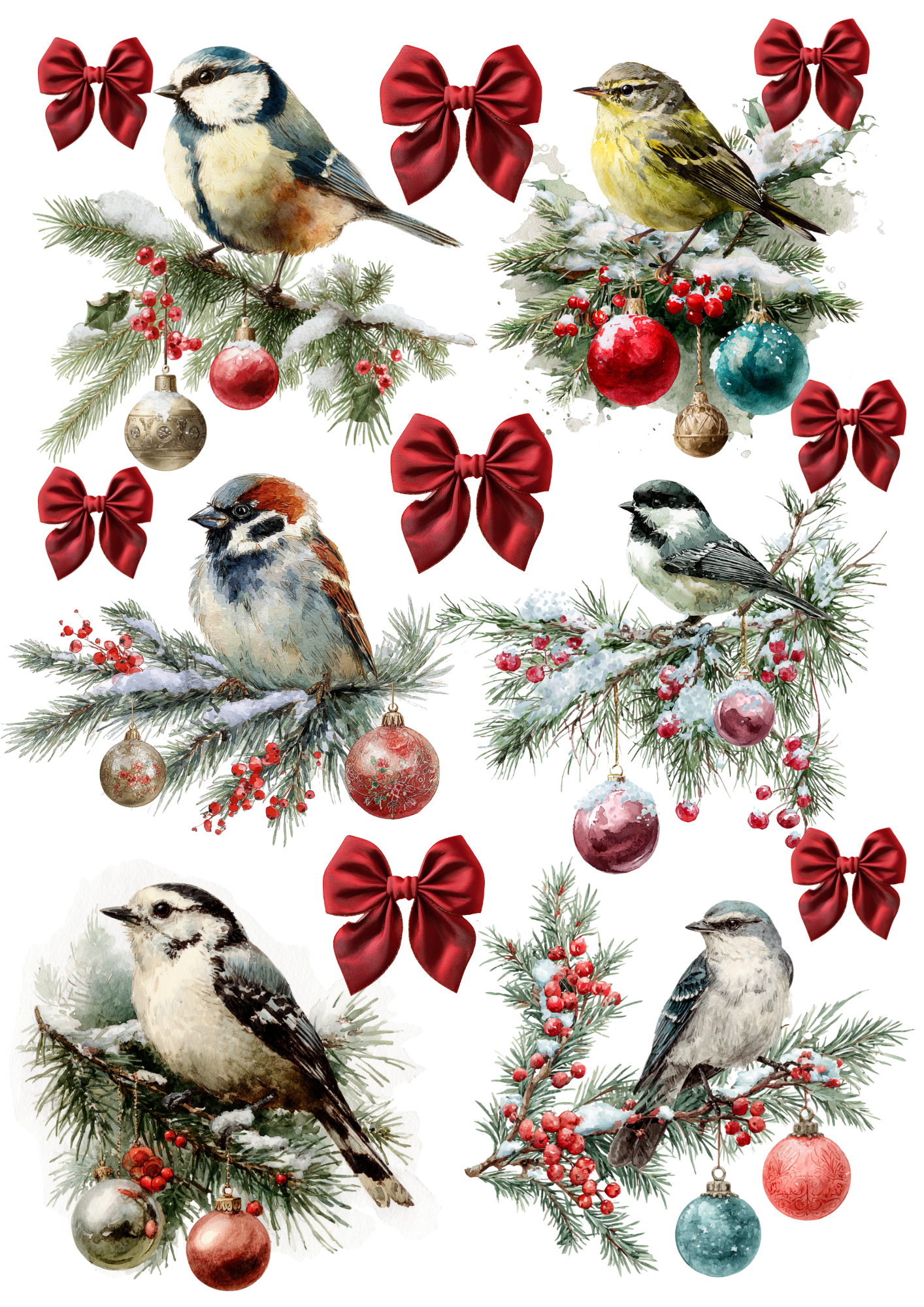 Sticker Sheet / Greeting Card – Birds With Christmas Tree Bauble Collage Cat. No. 5364