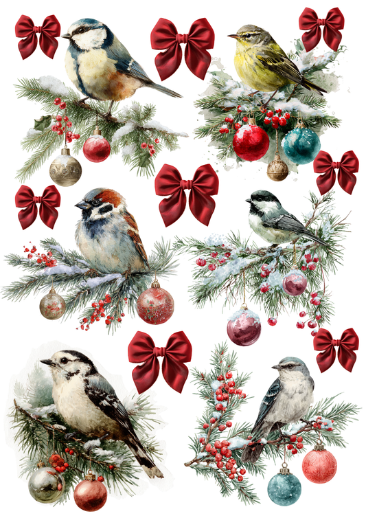 Sticker Sheet / Greeting Card – Birds With Christmas Tree Bauble Collage Cat. No. 5364