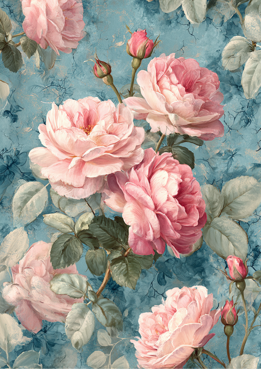 Sticker Sheet / Greeting Card – Vintage Roses Background on Blue Full Cat. No. 5376