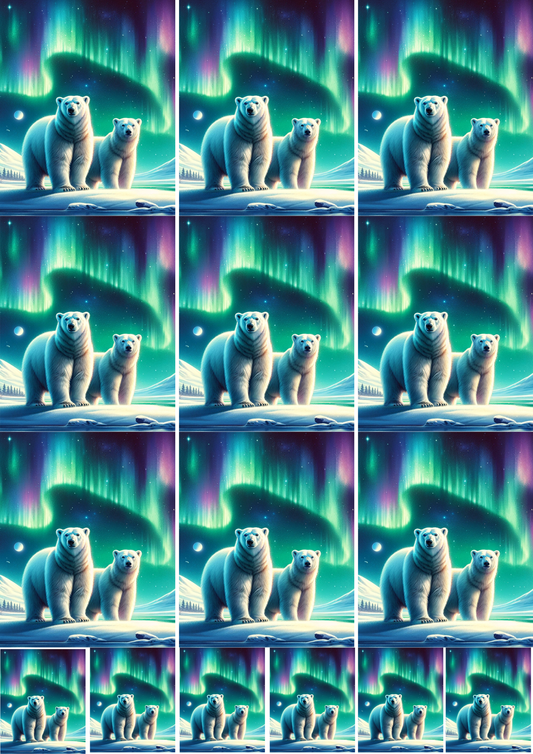 Sticker Sheet / Greeting Card – Polar Bears with Aurora Borealis Collage Cat. No. 5378