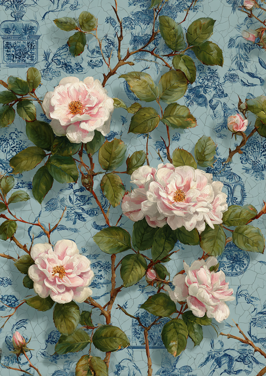 Sticker Sheet / Greeting Card – Vintage Roses Background on Blue Full Cat. No. 5379