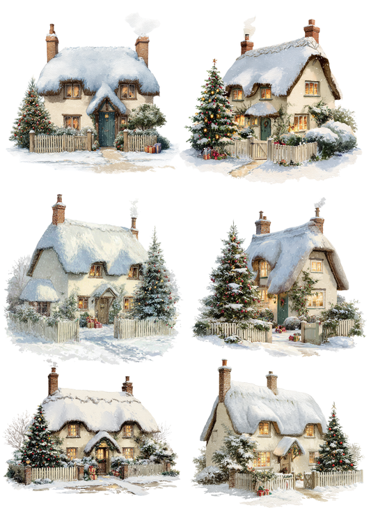 Sticker Sheet / Greeting Card – Christmas Decorated Winter Cottages Collage Cat. No. 5381