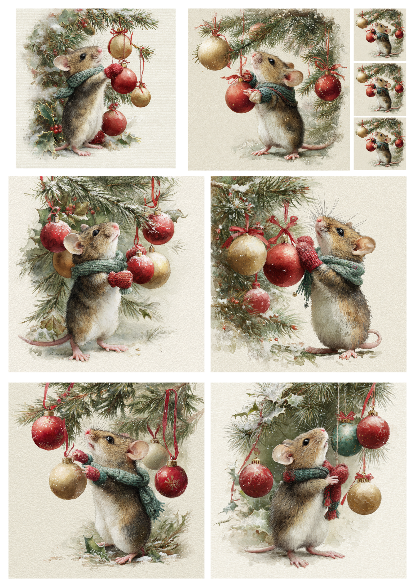 Sticker Sheet / Greeting Card – Mouse Decorating Christmas Tree Collage Cat. No. 5382