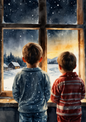 Sticker Sheet / Greeting Card – Children Looking Out The Window In Winter Full Cat. No. 5459
