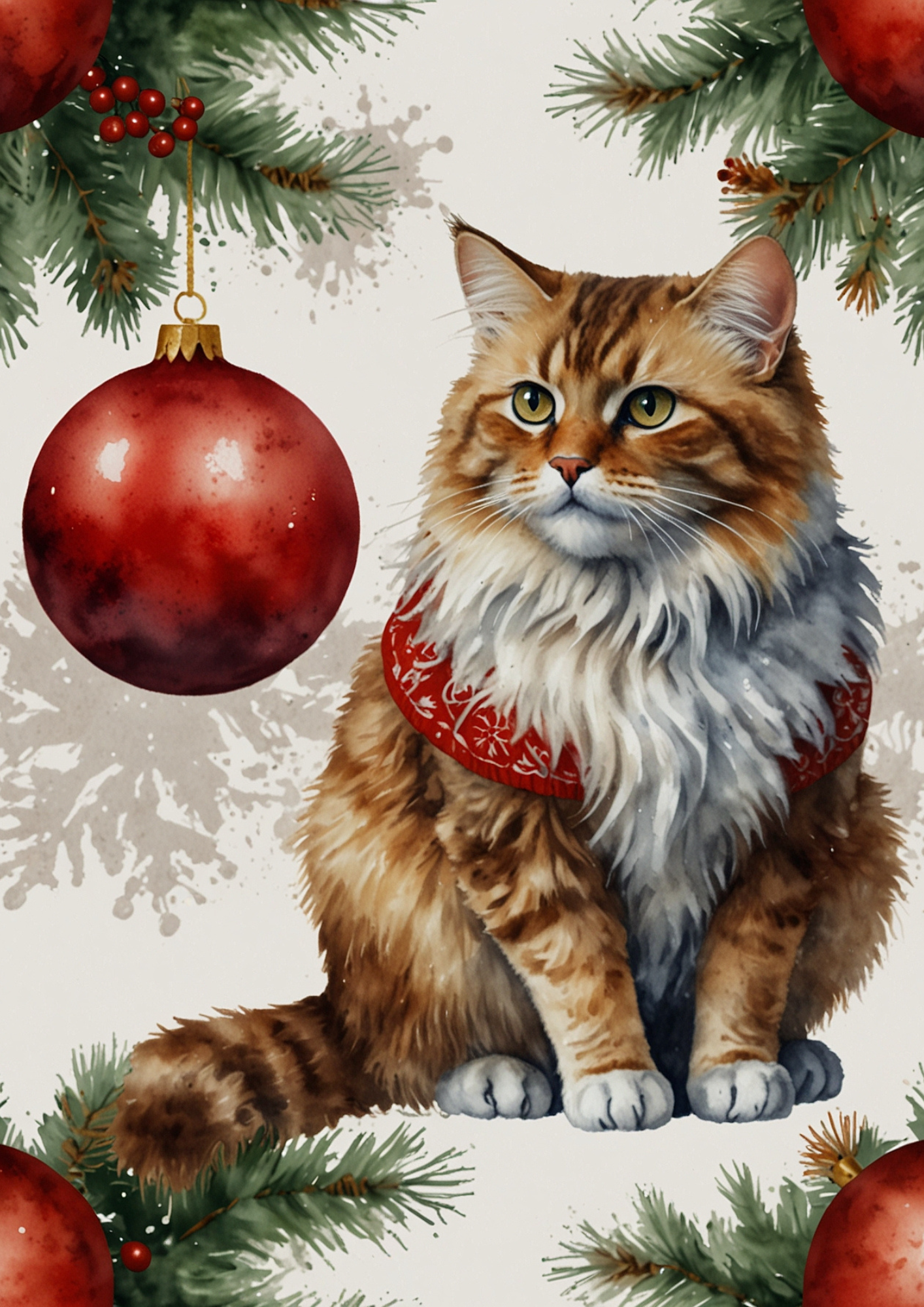 Sticker Sheet / Greeting Card – Christmas Cat And Christmas Tree Bauble Full Cat. No. 5463
