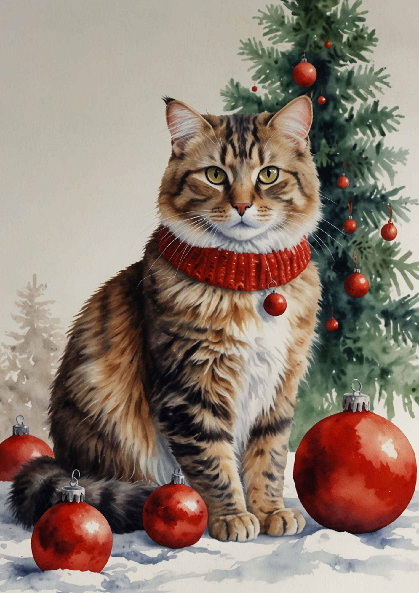 Sticker Sheet / Greeting Card – Christmas Cat And Christmas Tree Bauble Full Cat. No. 5464