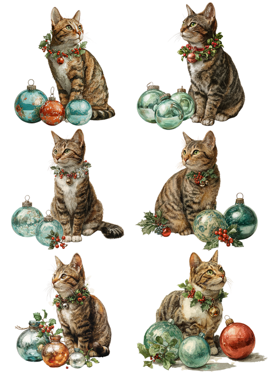 Sticker Sheet / Greeting Card – Cat With Christmas Baubles Collage Cat. No. 5478