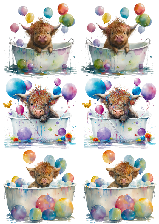 Sticker Sheet / Greeting Card – Highland Cow and Balloons Collage Cat. No. 5521