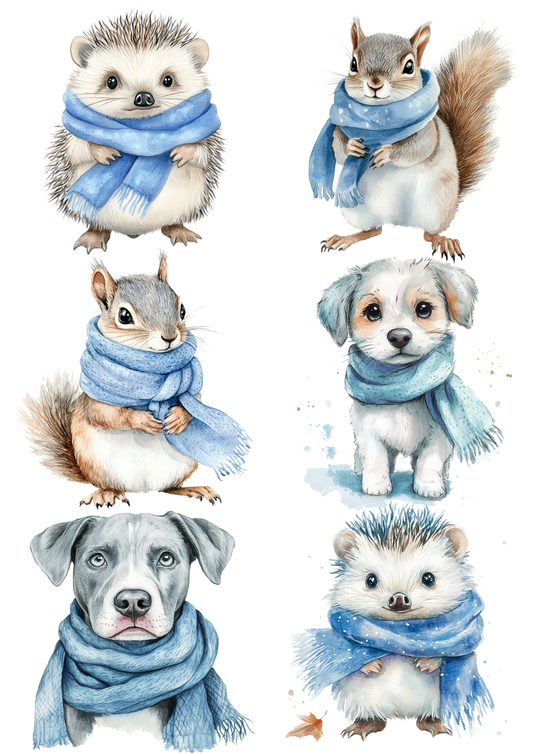 Sticker Sheet / Greeting Card – Various Animals In A Scarf Collage Cat. No. 5560