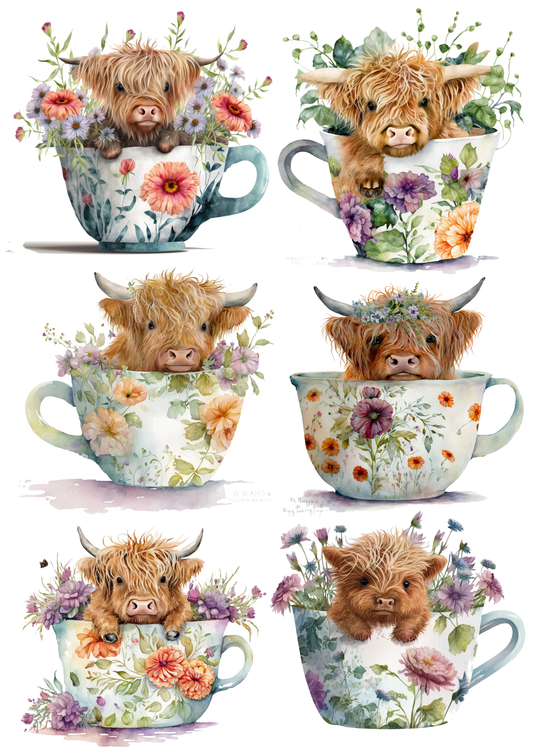 Sticker Sheet / Greeting Card – Young Highland Cow In A Cup Collage Cat. No. 5588
