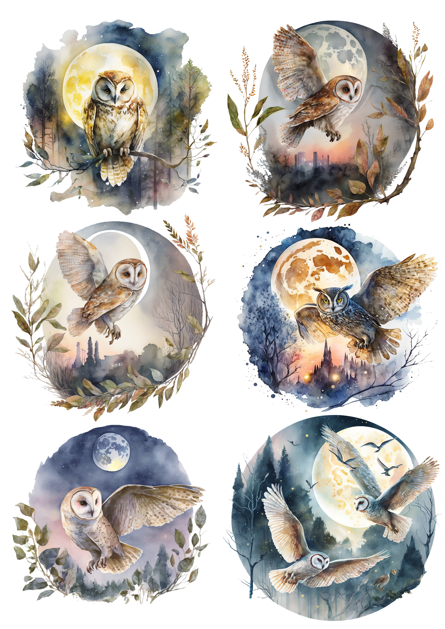 Sticker Sheet / Greeting Card – Owls In Circles Collage Cat. No. 5600
